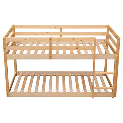 Lostcat Twin Over Twin Solid Wood Bunk Bed Frame with Ladder and Full-Length Guardrail - Easy Assembly in Natural Finish - WoodArtSupply