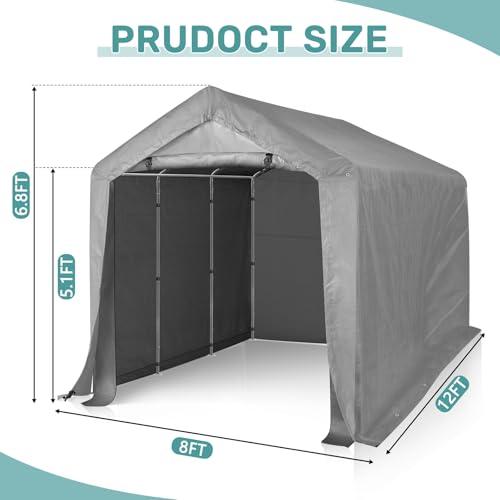 Outvita Outdoor Portable Storage Shed Tent, 8x12 ft Waterproof Carport with Roll-Up Zipper Door and Durable Galvanized Steel Frame, Ideal for Motorcycle, GTV, Bike, Wood Tool Lawn Mower Storage Outvita