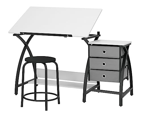 SD STUDIO DESIGNS 2 Piece Comet Center Plus, Craft Table and Matching Stool Set with Storage and Adjustable Top, Black/White, 50x23.75x29.5 inches SD STUDIO DESIGNS