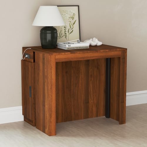 AH AXIOS HMOE Extendable Dining Room Table with Storage for 10-12, Folding Console Table with Outlet - Space Saving Dining Table for Apartments Homes Kitchen (Brown) AH AXIOS HMOE