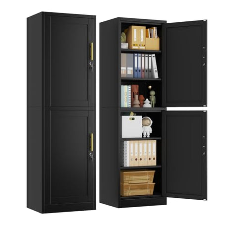 pozdeg 67" Metal Storage Cabinet with Lock, Tall Narrow Office File Cabinets with 2 Doors & 4 Adjustable Shelves, Metal Steel Locker for Home, School, Office, Garage or Gym (Black) pozdeg