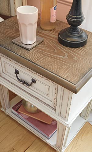 Signature Design by Ashley Realyn Traditional Cottage 1 Drawer Nightstand with Dovetail Construction & Open Display Shelf, Chipped White, Distressed Brown Signature Design by Ashley