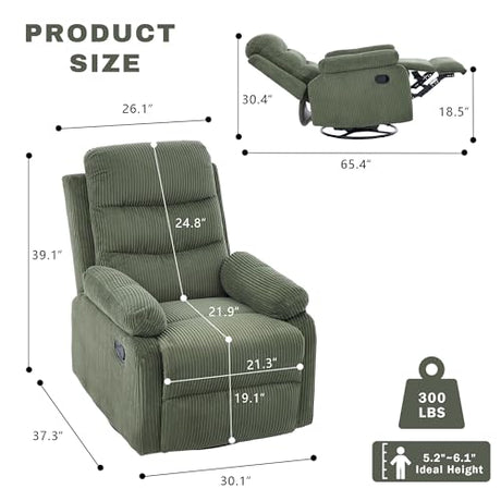 GAOHAPY Rocking Recliner Chair,Modern Swivel Glider Recliner Chair,Corduroy Fabric Upholstery Recliner,Manual Reclining Sofa Chair for Living Room,Office,Apartment (Green) GAOHAPY