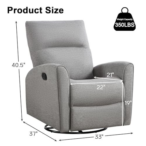CANMOV Recliner Rocker Swivel Chair, Manual Chenille Glider Rocking Chair, Swivel Glider Recliners with Soft Backrest, 360° Swivel Nursery Reclining Sofa for Living Room Bedroom, Light Grey