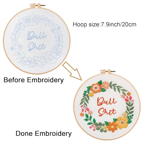 Louise Maelys Funny Embroidery Kits for Beginners,Cross Stitch Kit with Adults,DIY Arts Craft with Flower Wreath Pattern,Including Cloth,Hoop,Instructions and Threads