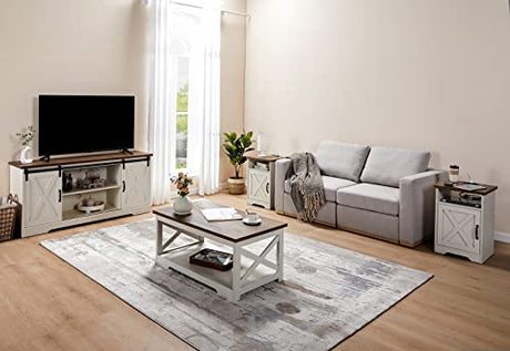 AMERLIFE 4-Piece Farmhouse Table Set Includes Sliding Barn Door TV Stand, Coffee Table& Two End Tables, Side Table with Charging Station and USB Ports, for Living Room, Bedroom, Distressed White, 66" AMERLIFE
