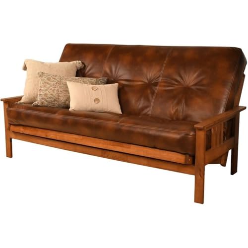 Pemberly Row 75" Traditional Full-Size Faux Leather Futon Mattress with Hinged Innerspring, Foam Construction, in Saddle Brown Finish, Frame Not Included Pemberly Row