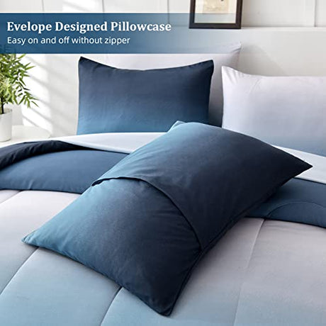 Anibedding Blue Comforter Set Queen - 7 Pieces Ombre Blue White Microfiber Bedding Set - All Season Down Alternative Light Ocean Sea Abstract Bed in a Bag for All Season (90" x90") Anibedding