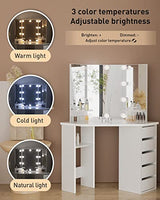 Likein Corner Makeup Vanity Desk with Mirror and Lights, Bedroom Vanity Table with Lighted Mirror 5 Drawers and Storage Shelf for Women Girls White Likein