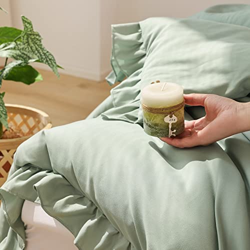JANZAA Twin Comforter Set Sage Green Comforter Set 2PCS Ruffled and 1 Pillow Case Fluffy Vintage Farmhouse Shabby Chic Bedding Soft All Season JANZAA
