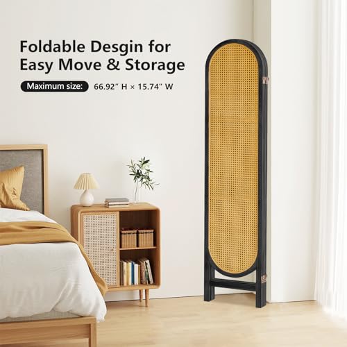 Asnefeli 4 Panel Room Divider, Double Hinged Foldable Wooden Room Divider, Individual Privacy Screen Made of Hand-Woven Rattan, Portable Wall Divider for Home Office Bedroom Bathroom (Black Natural) Asnefeli