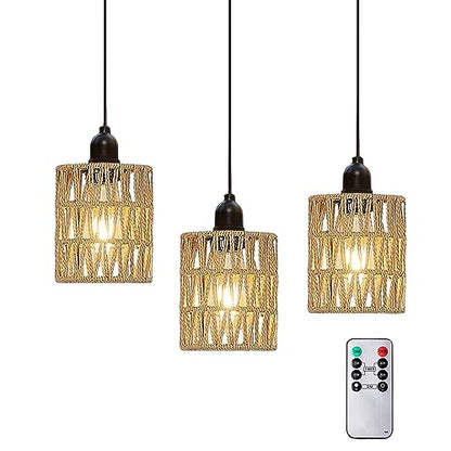 3 Pack Outdoor Chandelier Pendant Light for Gazebo Battery Operated Boho Hanging Lamp Bamboo Handmade Rattan Decorative Lights LED Lantern Bulb Powered by 4*AA Batteries for Porch Patio Backy - WoodArtSupply