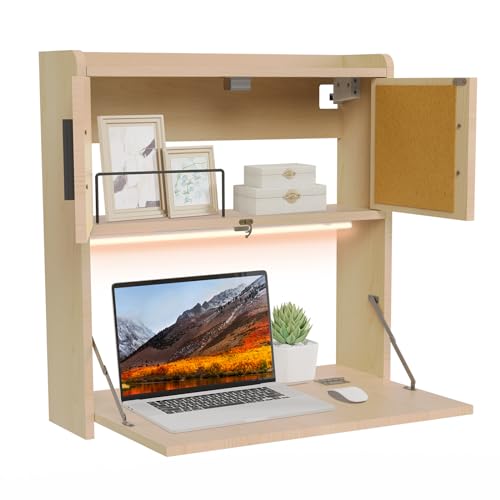 ARTETHYS Wall Mounted Desk with LED Light Multifunctional Fold Down Laptop Computer Table Writing Workstation with Storage Compartments Space Saving for Home Office Wood Color