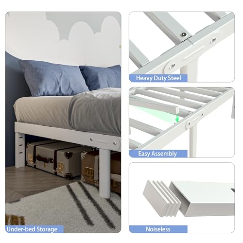 KZZLOL White Twin Size Bed Frames 12 Inch, Metal Platform Twin Bed Frame No Box Spring Needed, Heavy Duty Steel Support 3500 LBS, DIY Headboard, Round Legs, Noiseless, Storage Space, Easy Assembly KZZLOL
