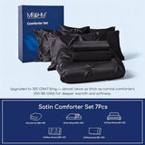 MR&HM Satin Comforter Queen 7 Pieces - Luxurious Pinch Pleat Bedding Set with Comforter, Flat Sheet, Fitted Sheet, Pillowcases & Shams, Super Silky Soft Bed Set for All Season (Queen, Black) MR&HM