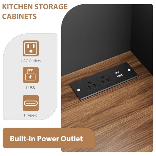 GarveeHome Pantry Cabinet with Charging Station, Tall Kitchen Pantry Storage Cabinet with Hutch,70.8 Inch Kitchen Cabinet with 30mm Thickened Countertop, Fluted Glass Doors, for Dining Room, Balck GarveeHome
