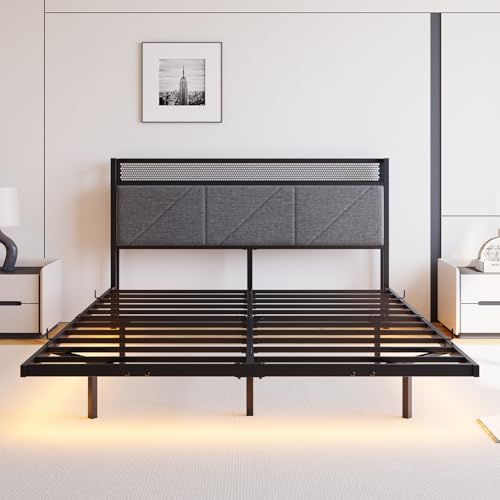 HOMERECOMMEND Full Size Bed Frame with LED Lights and Headboard Storage and Charging Station,Full Floating Bed Frame with Heavy Duty Metal Slats,Easy Assembly, Black and Gray HOMERECOMMEND