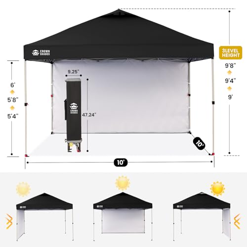 CROWN SHADES 10x10 Pop Up Canopy with 1 Side Wall - Beach Tent with One Push Setup - Outdoor Sun Shade for Events, Parties, Camping - Gazebo with STO-N-Go Cover Bag (Black) CROWN SHADES