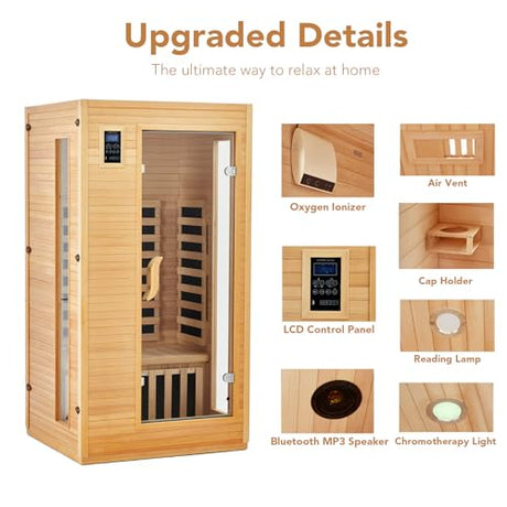 Garvee 2024 Upgrade 1 to 2 Person Sauna, 6 Heating Plate Infrared Physical Therapy Wooden Dry Steam Sauna, Low EMF, MP3 Auxiliary Connection, Dual Controls Inside and Outside Fits, Home Spa Day Use Garvee