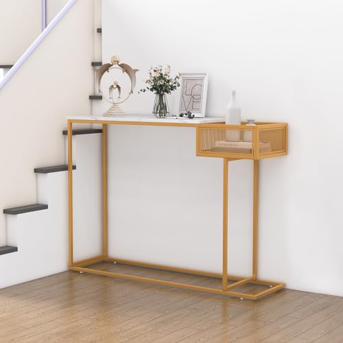 Giantex Narrow Console Table with Storage - Gold Sofa Table with Storage Basket, Sturdy Metal Frame, Modern Entryway Table, Entry Table for Living Room, Hallway, Corridor, Foyer Table, Gold & White Giantex
