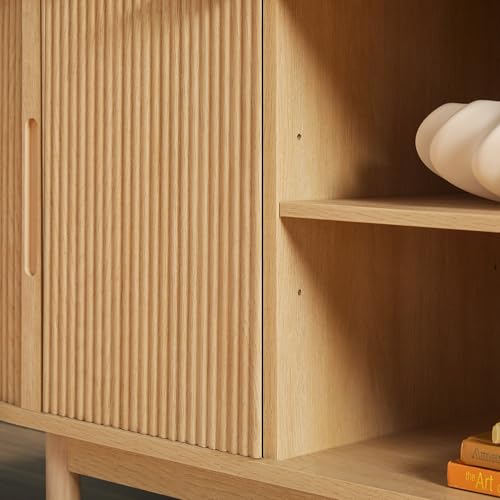 Walker Edison Modern Curved Reeded TV Stand for TVs up to 65 Inches, Credenza with Sliding Doors and Adjustable Shelves, TV Stand with Cord Management Cutout, 60 Inch, Coastal Oak Walker Edison