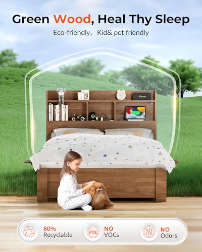 RAYROMAN Full Size Bed Frame with 2-Tier Storage Headboard, LED Lights, Charging Station, 2 Drawers, 800lbs Capacity, Wood & Metal Platform, Noise-Free, No Box Spring Needed, Barn Door Design RAYROMAN