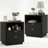 Fluted Nightstands Set of 2, Black Night Stands with 2 Drawers and Open Shelves, Wooden Nightstand Modern Design Night Stand for Bedroom Sofa Office (2, Black) ROCSUMOO