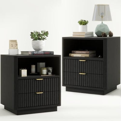 Fluted Nightstands Set of 2, Black Night Stands with 2 Drawers and Open Shelves, Wooden Nightstand Modern Design Night Stand for Bedroom Sofa Office (2, Black)