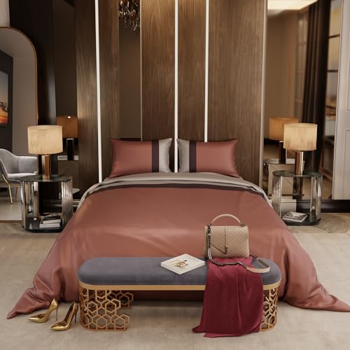 Stoa Paris Luxury Satin Queen Duvet Cover Set 3PCs, 300TC Silk-Like Bedding for Hot Sleepers, Skin & Hair Safe, Hidden Zipper + 2 Pillow Shams 20x30”, No Comforter Included, Vogue - Caramel, Wine Stoa Paris