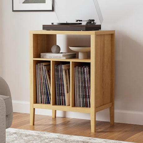 EYYTHUNG Record Player Stand with Vinyl Record Storage Holds up to 180 Albums, Large Turntable Stand Dispaly Shelf, Farmhouse Wood End Table for Bedroom, Living Room, Natural Oak EYYTHUNG