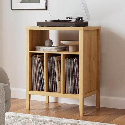EYYTHUNG Record Player Stand with Vinyl Record Storage Holds up to 180 Albums, Large Turntable Stand Dispaly Shelf, Farmhouse Wood End Table for Bedroom, Living Room, Natural Oak