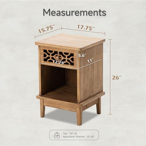 COZAYH Retro Rustic Nightstand Solid Fir End Table Side Table with Hand Carved Front and Open Shelf for Boho, French Country, Farmhouse Style, Natural COZAYH