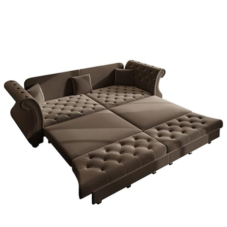 LuxyHoom 97.6'' Sleeper Sofa Bed King Size, Flower Tufted Pull Out Couch, Velvet Chesterfield Futon Couches, Modern 4 Seater Convertible Sofa, 3 Pillows for Living Room, Apartment, Offices, Brown LuxyHoom