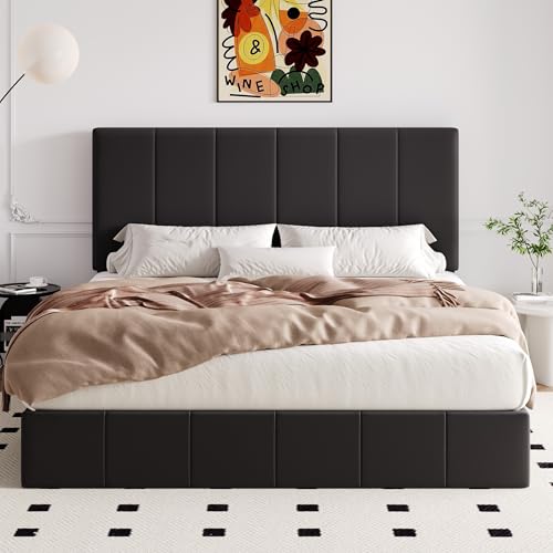 Allewie King Size Velvet Lift Up Storage Bed Frame, Vertical Channel Tufted Headboard, Hydrualic Underneath Storage, Upholstered Platform Bed, Wooden Slats Support, No Box Spring Needed, Black Allewie