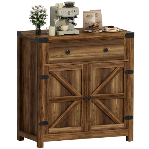 YESHOMY Coffee Bar Accent Cabinet, Farmhouse Barn Door Buffet Sideboard with Drawer and Adjustable Shelf, Wide Desktop for Kitchen, Dining Room, Bathroom, Entryway, Brown - WoodArtSupply