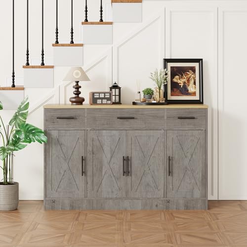 Shintenchi Buffet Cabinet with Storage,53.4" Large Kitchen Storage Cabinet with 3 Drawers and 4 Doors,Wood Farmhouse Buffet Sideboard with Adjustable Shelf for Kitchen Living Room, Gray Shintenchi