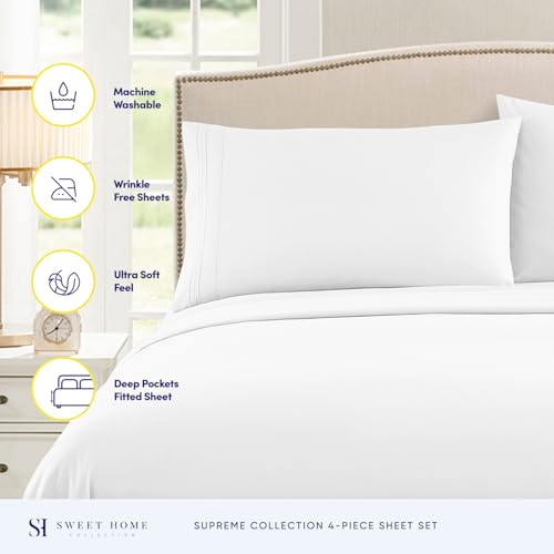 King Size Sheets - Breathable Luxury Bed Sheets with Full Elastic & Secure Corner Straps Built In - 1800 Supreme Collection Extra Soft Deep Pocket Bedding Set, Sheet Set, King, White Sweet Home Collection