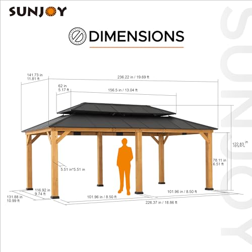 Sunjoy 12 x 20 ft. Wood Gazebo, Outdoor Patio Aluminum Hardtop Gazebo, Cedar Framed Wooden Gazebo with 2-Tier Roof, Suitable for Patios, Lawn and Backyard, Dark Brown Roof + Natural Wood Fram - WoodArtSupply