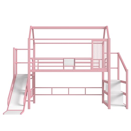 Bellemave Metal Loft/Bunk beds Twin Over Twin, Bunk beds with Slide and Stairs for Kids, Floor House Loft Bed for Kids，Pink Bellemave