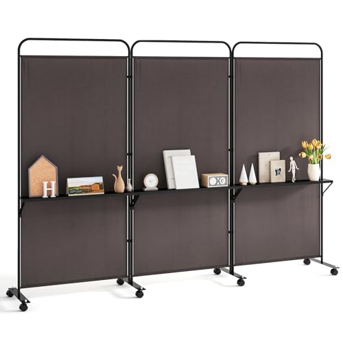 Giantex 3 Panel Room Divider with Wheels and Shelves, 103" W x 74" H Folding Privacy Screen, Rolling Partition Separator for Home Office Studio, Fabric Wall Divider for Room Separation (Brown) Giantex