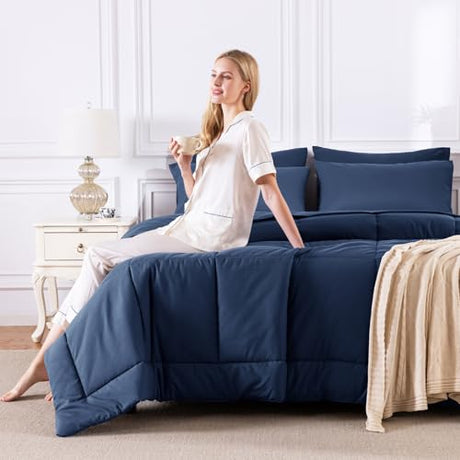 CozyLux Queen Comforter Set Navy Blue, 7 Pieces Bed in a Bag, Blue Comforter Queen Size, All Season Bedding Sets with Stitch Quilted Comforter, Flat Sheet, Fitted Sheet, Pillowcases CozyLux