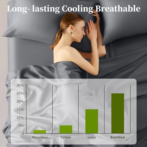 Shilucheng 100% Viscose Derived from Bamboo_ Sheets Queen Size 4pcs - Ultra Cooling & Silky Soft Bed Sheets, 16" Deep Pocket, Perfect for Hot Sleepers, Hotel Bedding Sheets (Dark Grey) Shilucheng