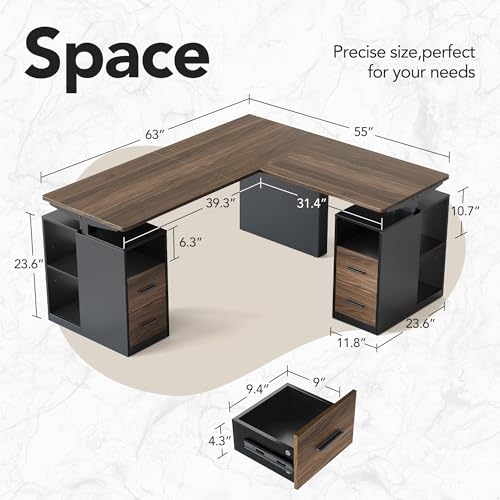 HUANUO 63 Inch L Shaped Standing Desk, Electric Executive Height Adjustable Desk with Storage Drawers, Reversible Design Computer Workstation for Home Office, Black Walnut HUANUO