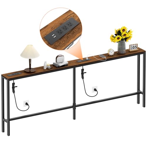 Bathola Narrow Sofa Table with 2 Power Outlets, 79” Thin Console Tables Narrow Long, Behind Couch Table Skinny, Wood Console Tables for Entryway, Living Room, Hallway, Foyer, Rustic Brown Bathola