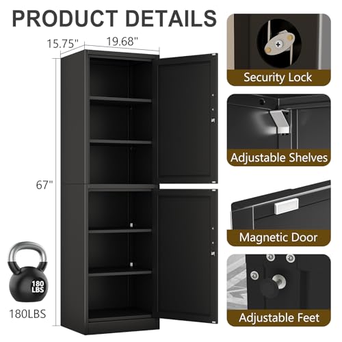 pozdeg 67" Metal Storage Cabinet with Lock, Tall Narrow Office File Cabinets with 2 Doors & 4 Adjustable Shelves, Metal Steel Locker for Home, School, Office, Garage or Gym (Black) pozdeg