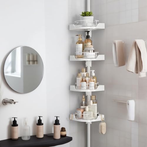 shuang qing 360° Rotating Corner Shower Caddy Tension Pole Organizer - 4-Tier Adjustable Rustproof Metal Pole, Plastic Shelves with Safety Guardrail, Bathroom Storage for Shower & Bathtub(White) shuang qing