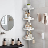 shuang qing 360° Rotating Corner Shower Caddy Tension Pole Organizer - 4-Tier Adjustable Rustproof Metal Pole, Plastic Shelves with Safety Guardrail, Bathroom Storage for Shower & Bathtub(White) shuang qing