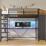 VIAGDO Loft Bed Twin Size with Hall Tree, Charging Station and LED Lights, Metal Loft Bed with L-Shaped Desk, 5 Storage Drawers, Heavy Duty Twin Size Bed with Stairs, No Box Spring Needed, Black VIAGDO