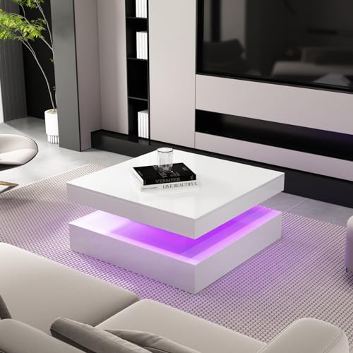 LED Square Coffee Table White with Storage Drawers, High Glossy Center Table Living Room, Mid-Century Cocktail Table, 16 Color & 4 Mode Lights, 2-Tier Middle Table Modern, 31"x31"x14.6" - WoodArtSupply