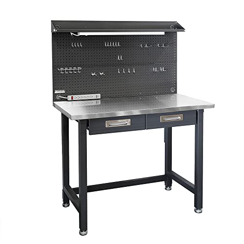 Seville Classics UltraHD Heavy Duty Commercial Lighted Workcenter w/Pegboard, 500 lbs. Weight Capacity for Garage, Warehouse, Workshop, Stainless Steel Top, Graphite, 48" W x 24" D x 65.5" H - WoodArtSupply